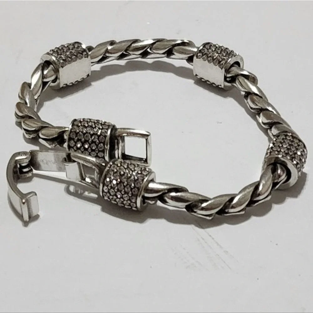 Brighton Braided jeweled crystal Meridian Barrel Station Silver Plated bracelet‎